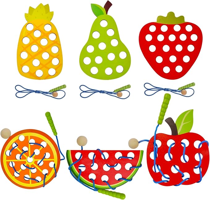 ECam 6 Pcs Lacing Toy for Toddlers, Wooden Threading Toys, Educational and Learning Montessori Activity for Baby and Kids, Fine Motor Skill Toys, Apple Pear Strawberry Watermelon Orange Pineapple