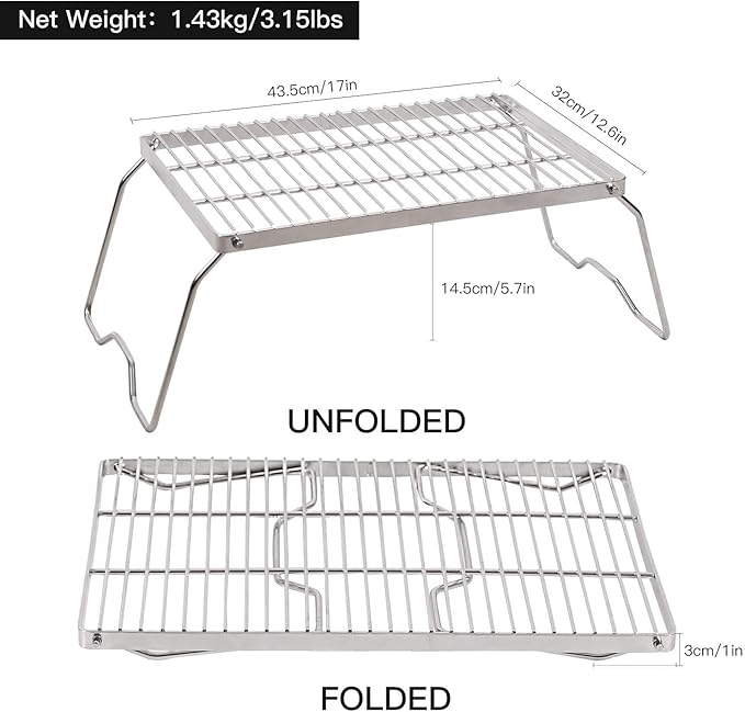 REDCAMP 17" Large Folding Campfire Grill 304 Stainless Steel Grate, Heavy Duty Portable Camping Grill with Carrying Bag for Outdoor Cooking Backpacking Hiking Picnics BBQ