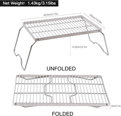 REDCAMP 17" Large Folding Campfire Grill 304 Stainless Steel Grate, Heavy Duty Portable Camping Grill with Carrying Bag for Outdoor Cooking Backpacking Hiking Picnics BBQ
