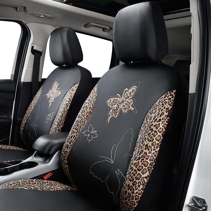 Flying Banner Butterfly car seat Covers ful Set Fashion Universal Lady Woman Female Rear Bench Split Colorized (Full Set - Faux Leather, Leopard Brown)