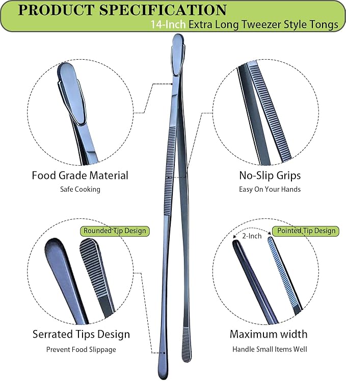 JETKONG 2 Pcs 14-Inch Cooking Tweezer Tongs Extra- Long Stainless Steel Kitchen Tweezers Plating Tongs (Navy Blue)