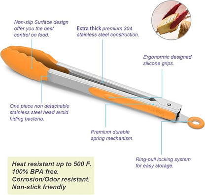4 Pack Orange Kitchen Tongs, Premium Silicone BPA Free Non-Stick Stainless Steel BBQ Cooking Grilling Locking Food Tongs, 9-Inch & 12-Inch