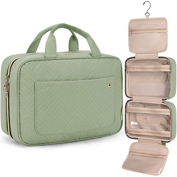 BAGSMART Toiletry Bag Travel Bag with Hanging Hook, Water-resistant Makeup Cosmetic Bag Travel Organizer for Accessories, Shampoo, Full-size Container, Toiletries (Green, Medium)