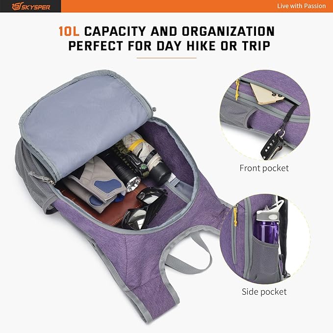 SKYSPER Small Daypack 10L Hiking Backpack Packable Lightweight Travel Day Pack for Women Men
