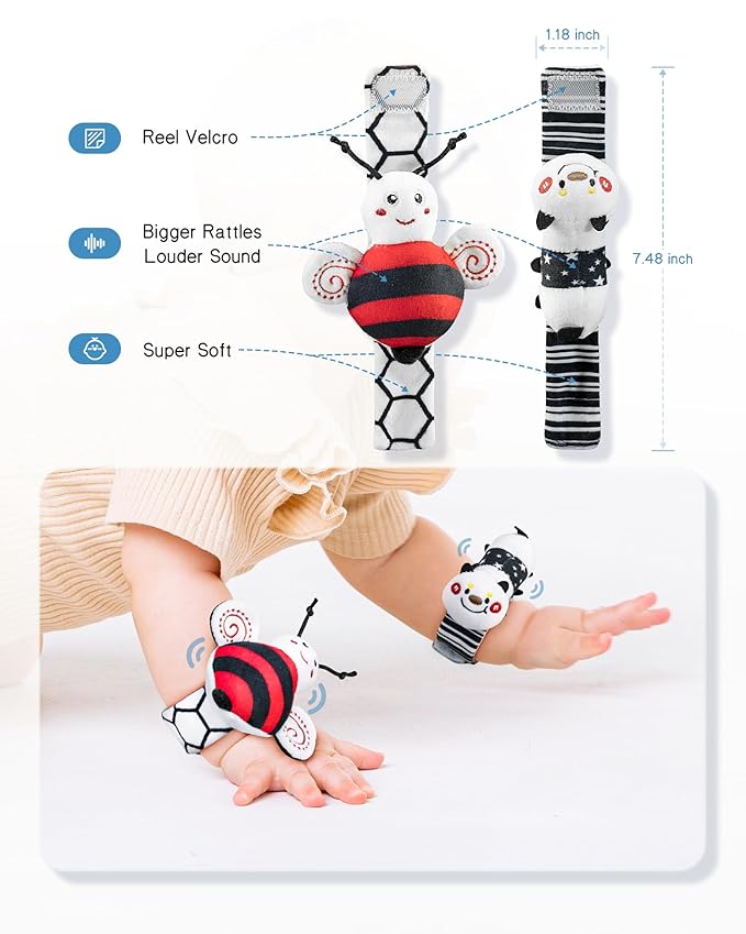 Infinno High Contrast Baby Toys Infant Rattle Socks and Wristband Set, Ideal Baby Sensery Toy Gifts for Newborn 0-12 Months, Perpect Black and White Toys for Boys and Girls As Baby Shower Gifts