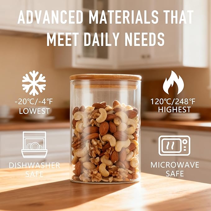 32oz Straight Cylindrical Airtight Storage Containers with Bamboo Lids Set of 6, Round Stackable Canisters, Food Jars, Pantry Organizers for Sugar, Cookies and Coffee beans (with Black Lable)