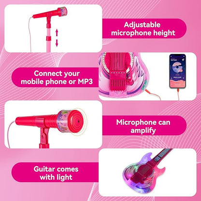 Guitar and Microphone Play Set for Girls,Karaoke Machine with Music&Light,Microphone Toys with Stand,Adjustable Height Guitar Toys for Kids,Toddlers,Child(Red)