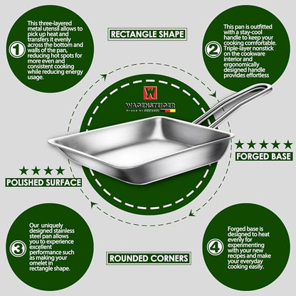 Stainless Steel Fry Pan, 3-Ply Reinforced Body, Rectangular Omelet Pan, Oven & Dishwasher Safe, Induction Compatible, Portable Camping Cookware, Mini or Small Size (14.2Lx5.5WX1.2H inch)