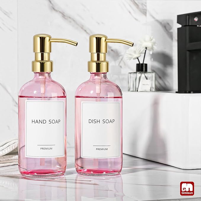 GMISUN Pink Soap Dispenser Bathroom, 2 Pack Kitchen Hand and Dish Soap