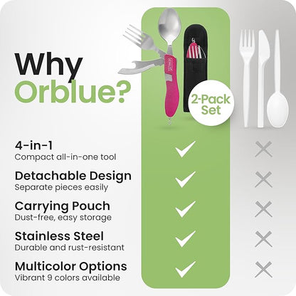Orblue 4-in-1 Camping Eating Utensils, 2-Pack - Portable Spoon, Fork, Knife & Bottle Opener Combo Set - Stainless Steel Flatware with Detachable Fork - Travel, Backpacking Cutlery Multitool, Hot Pink