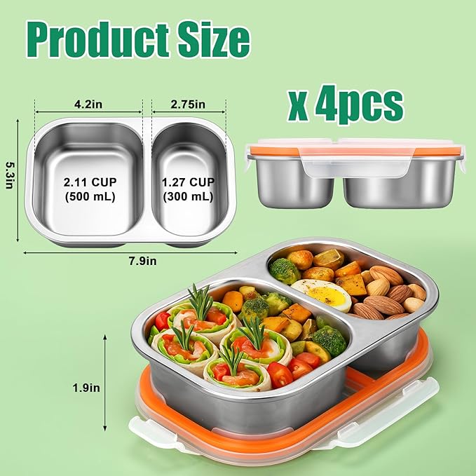 Palksky Lunch Containers Meal Prep Containers Stainless Steel, 2 Compartment Food Storage Containers with Leak-Proof Lids, Reusable Airtight Bento lunch Boxes, Kitchen Storage, Freezer (4 Packs)