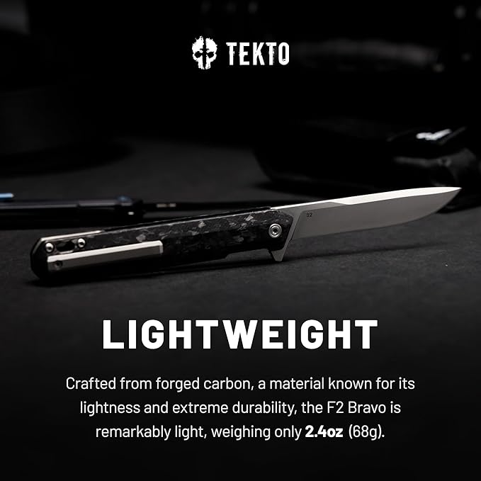 F2 Bravo Folding Knife Pocket - D2 Steel Blade, Ceramic Ball Bearings - EDC - Snap, Swift Flip - Camping, Backpacking - 2.4oz (68g), Forged Carbon Handle, Silver Titanium Accents