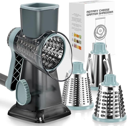 KEOUKE Rotary Cheese Grater Hand Crank Transparent - Shredder Slicer Grinder 3 Stainless Steel Blades, Stable Suction, Labor-Saving Handle, Safe Kitchen Tool for Cheese, Vegetable, Nuts, Chocolate