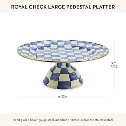 MACKENZIE-CHILDS Enamel Pedestal Platter, Round Cake Stand, Large, Blue-and-White Royal Check