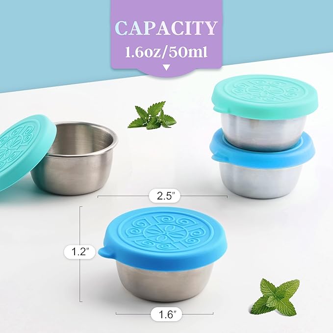 6x1.6 Oz Salad Dressing Containers With Lids, Small Leakproof Reusable Stainless Steel Salad Dressing Container To Go For Lunch Boxes,Sauce containers, Picnics,Travel Meal Prep And Kitchen Storage.