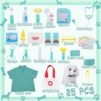 TEUVO Toy Doctor Kit for Girls - Pretend Play Doctor Set with Dog Toy, Carrying Bag & Stethoscope & Dress Up Costume - Toys Doctor Play Gift for Kids Toddlers Ages 1 2 3 4 5 6 7 Year Old for Role Play
