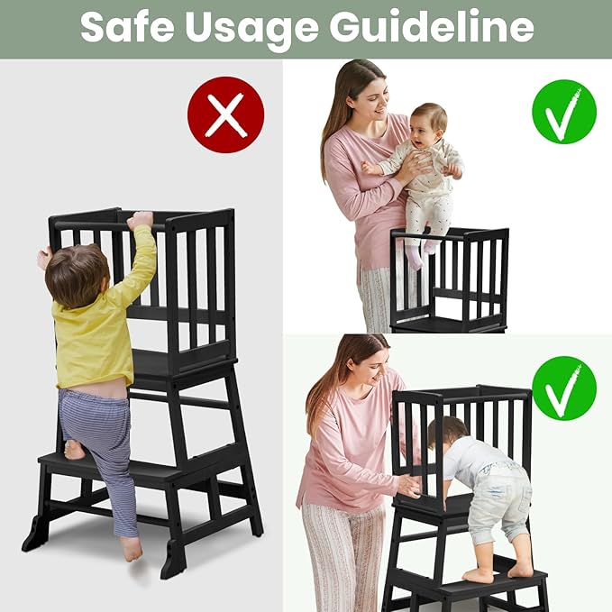 COSYLAND Kids Kitchen Step Stool Helper - Wooden Standing Tower for Kids with Anti-Tip Support Legs - Mothers' Helper Kids Learning Stool for Kitchen Counter (Black)