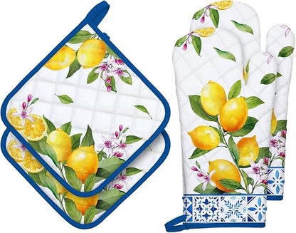 Summer Lemon Oven Mitts and Pot Holders Sets 4Pcs, 100% Cotton Heat Resistant