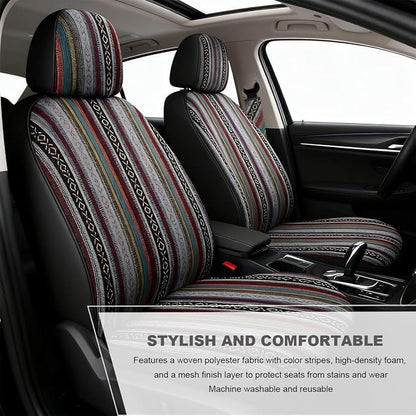 5 PCS Baja Saddle Blanket Car Seat Covers, Front Set Breathable Striped Woven Auto Seat Protector, Hippie Boho Airbag Compatible Seats Covers for Most Cars, SUVs, Trucks