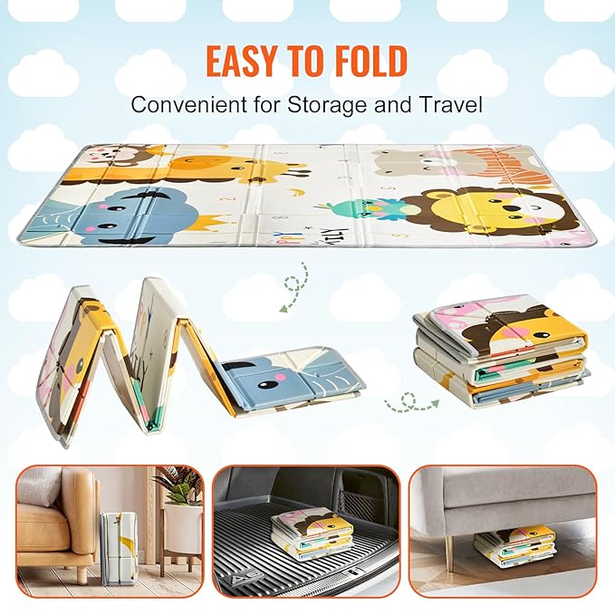 VEVOR Baby Play Mat, 55"" x71 Baby Crawling Mat, Non-Slip One-Piece Foam Baby Playmat, Foldable Portable Reversible Floor Mat with Travel Bag, Waterproof Activity Playmats for Babies, Toddlers, Infan