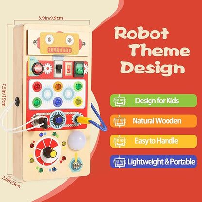 Asweets Montessori Wooden Busy Board Toy for Toddler, Red Robot Sensory Board with 8 LED Shape Light Switches, Travel & Gift Toys for Kids, 3.9''L x 2.0''W x 7.5''H