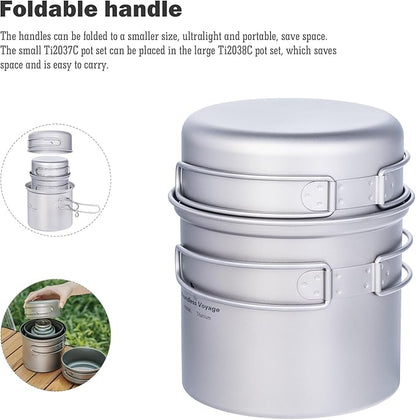iBasingo Backpacking Cookset Titanium Camping Pots Set Ultralight Outdoor Picnic Pots Pans with Folding Handle Druable Portable Cooking Mess Kit Compact Picnic Dishes Bowls Cups (Multiple Sizes)