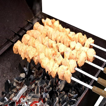 12 Pack Kebab Skewers BBQ Barbecue Skewers Stainless Steel Flat Sticks 22 Inch Heavy Duty Large Wide Reusable with Nonslip Wooden Handle Ideal for Shish Kabob Chicken Shrimp and Vegetables