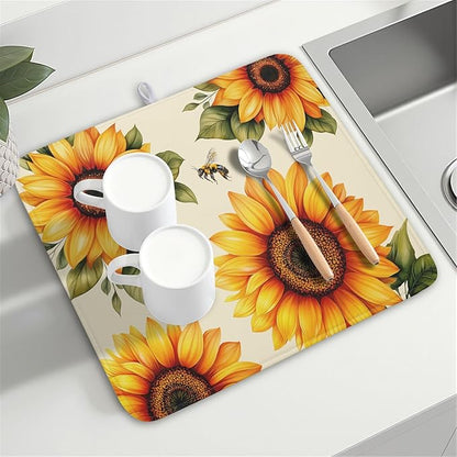 Spring Summer Dish Drying Mat 16x18 Inch Absorbent Reversible Sunflower Drying