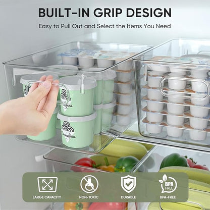 BALEINE Clear Plastic Storage Bins, Pantry Organization, BPA Free Stackable Refrigerator Organizers and Storage with Handles for Kitchen Fridge Cabinet Bathroom (8PK, 10.5x6x5)