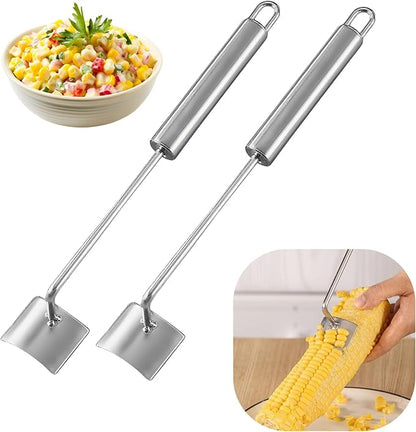 2 Pack Corn Peeler for Corn on the Cob, Stainless Steel Corn Cob Stripper Tool Long Handle Efficient Cob Remover Sweet Corn Cutter Removing Kernels for Home, Kitchens, Restaurant Chefs, Soups, Salads