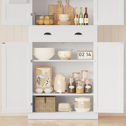 IRONCK Kitchen Pantry Storage Cabinet 83.9" H, with Barn Doors, Drawer, 4 Adjustable Shelves, Freestanding Cupboard for Dining Room Living Room, Laundry, White
