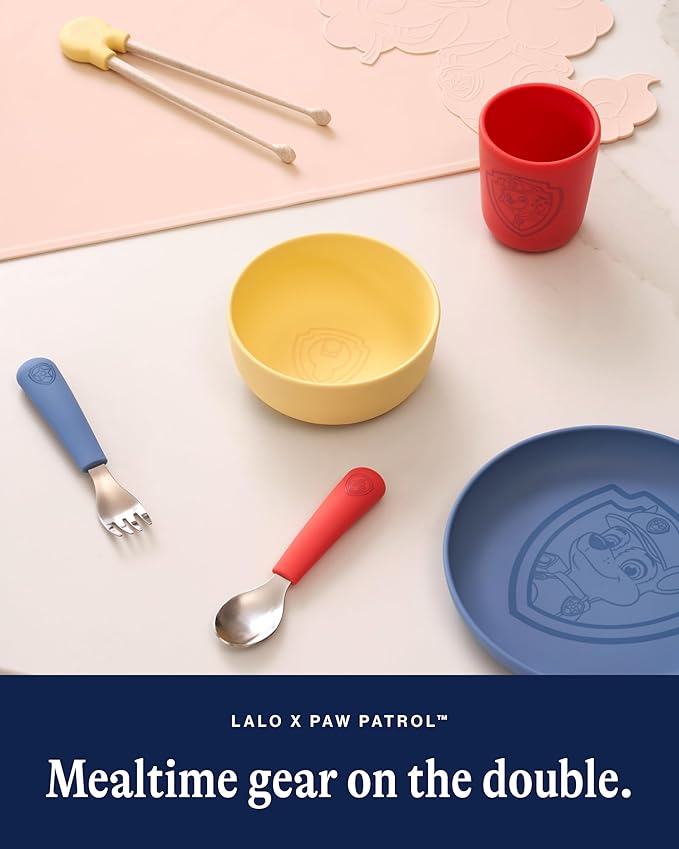Lalo PAW Patrol Utensils - Toddler Fork and Spoon Set - Stainless Steel and Silicone Ergonomic Toddler Utensils - Children Safe Flatware Set - 2 Pieces - Marshall