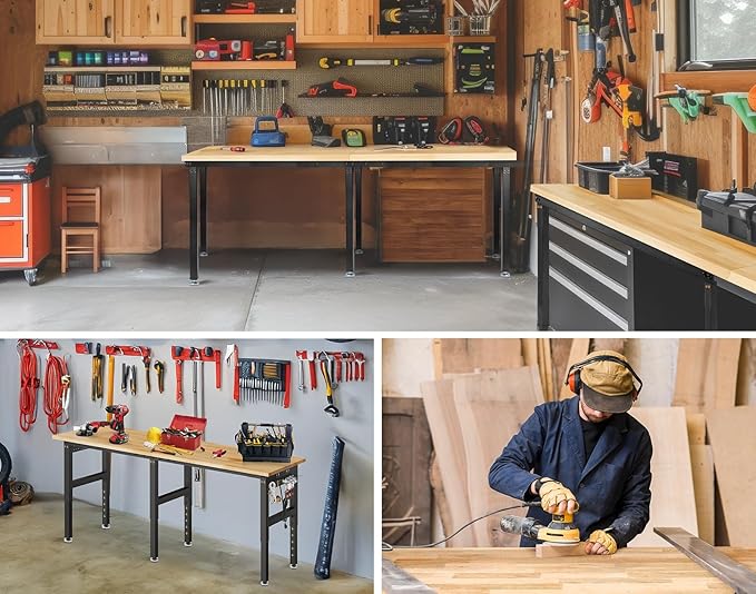 84” Adjustable Height Workbench, 5000 LBS Heavy Duty Table Rubber Wood Workstation with Power Outlet & Pegboard for Garage, Office, Workshop, Home,Commercial