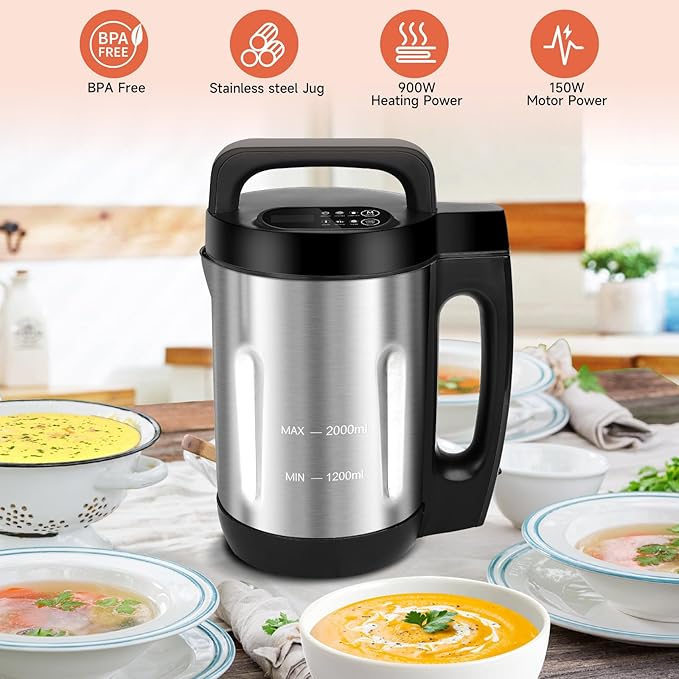 Homtone Soup Maker 2L, Makes 2-6 Servings, 6-in-1 Multifunctional Smooth and