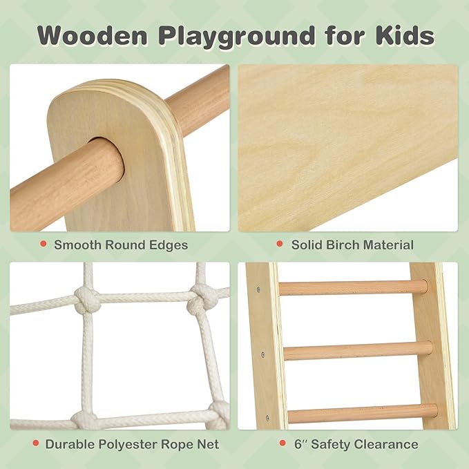 Costzon Indoor Jungle Gym, 8-in-1 Montessori Beech Wood Climbing Toys for Toddlers w/Double-Sided Slide, Climbing Rock/Net, Indoor Playground Climber Playset for Kids 3+ Years Birthday