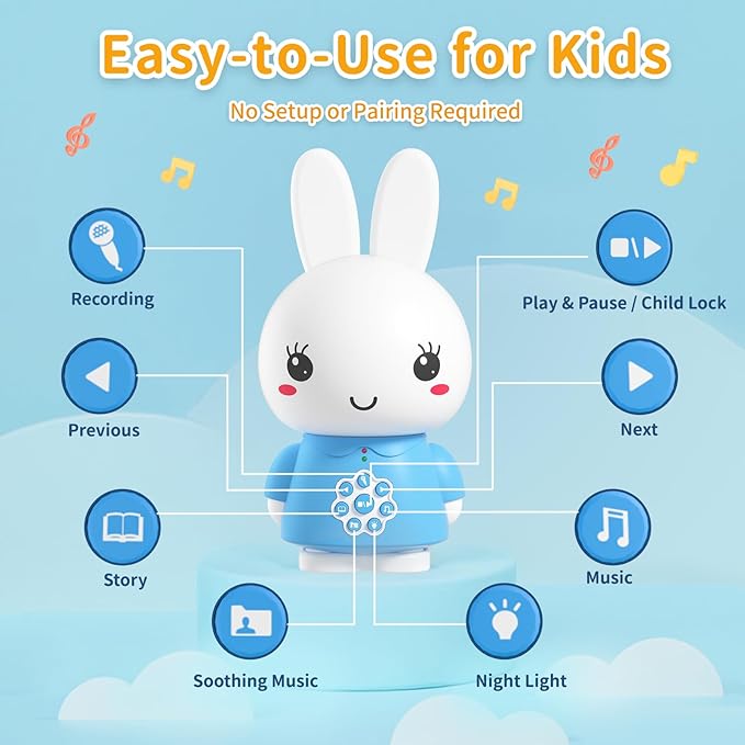 alilo Honey Bunny Kids Music Story Audio Player for Toddlers 1-5, Baby Boy Girl Easter Gifts, Pre-Loaded 16 Stories/48 Nursery Rhymes/12 Soothing Music, with Nightlight,Voice Recording