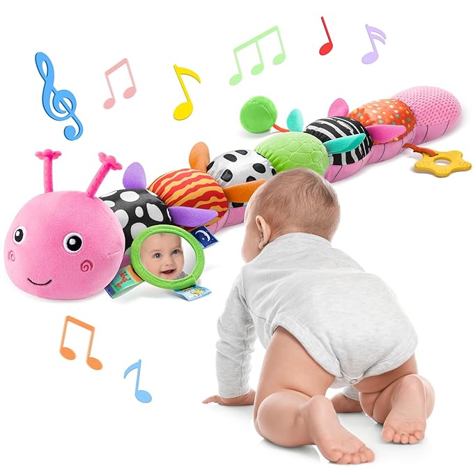 Baby Toys 6-12 Months Music Caterpillar Infant Toys Stuffed Animals 0-3-6 Months Teething Tummy Time Sensory Toys with Mirror Rattle&Pull String for Boys Girls Birthday Gifts|Candy Pink,Leafy