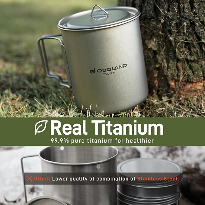 Odoland Titanium Camping Cookware 750ML Titanium Pot with Camping Stove and Spork Portable Pot for Backpacking, Hiking, Traveling and Picnic