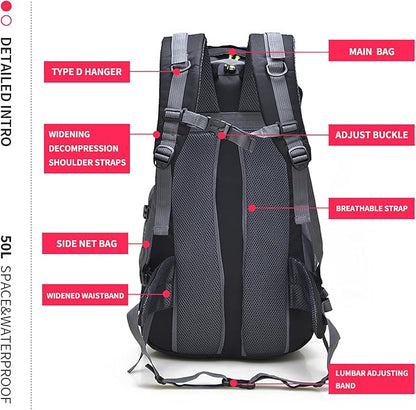 Bseash 50L Hiking Backpack, Water Resistant Lightweight Outdoor Sport Daypack Travel Bag for Camping Climbing Skiing Cycling (Blue - No Shoe Compartment)