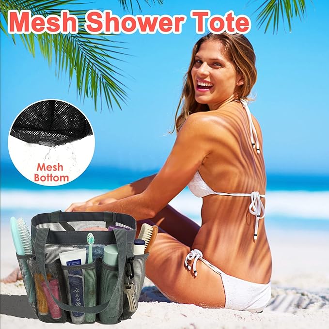 Mesh Shower Caddy Portable for College Dorm Room Essentials, 8-Pocket Large Shower Basket Tote Bag with 2 Handles for Toiletry, Bathroom, Beach, Camp, Gym
