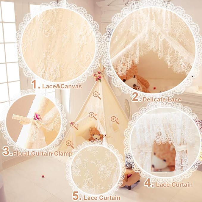 Lace Teepee Tent for Girls Tipi Tent Ivory Canvas Classic Play Tent Play House Indoors for Kids Room Décor