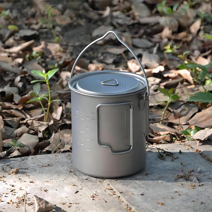750ml/26oz Titanium Camping Pot with Lid and Foldable Handle, Ultralight Camping Mug for Hiking, Backpacking, Outdoor Cooking, and Travel