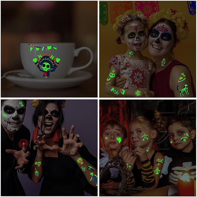 Temporary Tattoos for Day of the Dead, 36 Sheets Glow in the Dark Fake Tattoos for Adults and Kids, 180 Patterns for Halloween Make Up Party, Skull Skeleton Cat Ghost Guitar Sticker
