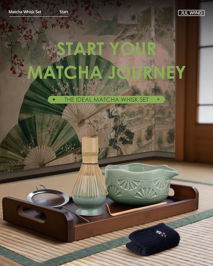 Matcha Whisk Set, Ceramic Matcha Set Includes Matcha Bowl with Spout, Matcha Whisk and Holder, Bamboo Scoop, Sifter and Tea Towel - 6 Pcs Matcha Kit Gift for Matcha Lovers (Green)