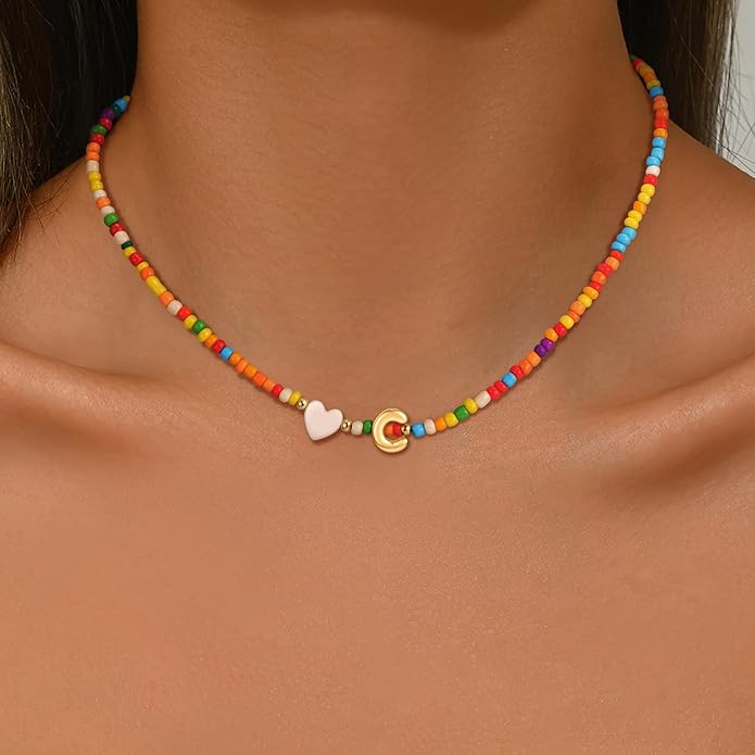 Colorful Initial Necklaces for Girls Women, 14K Gold Plated Bubble Initial Pendant Heart Shell Necklace Jewelry Christmas Gifts for Teen Girls Kids