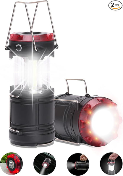 Lichamp Collapsible 2-Pack Camping Lanterns, 300LM COB Light & 150LM Flashlight with Red Strobe/SOS, Magnetic Base, Battery-Powered for Hiking, Power Outages and Emergency
