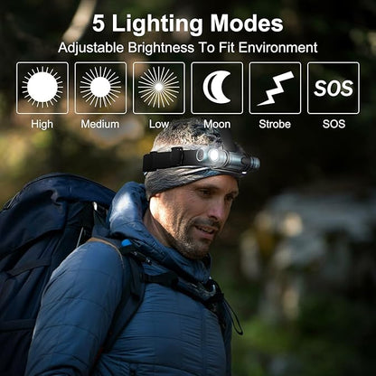 Headlamp Flashlight Rechargeable - 1500 Lumens Right Angle Headband LED Headlight, Waterproof Head Flashlight for Adults Outdoor, Camping, Hiking, Fishing, Emergency, Magnetic，USB C