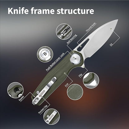Pocket Folding Knife,3.15" D2 Steel Blade,Green G10 Handle,Push Button Lever Lock,Pocket Knife with Pocket Clip for Outdoor,Survival,EDC