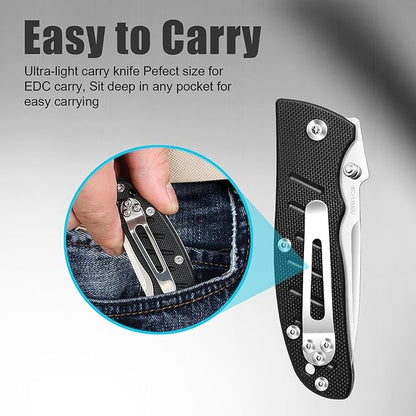 Harita Pocket Knife Folding EDC Knife with Belt Clip, 2.76 inch 8Cr13MoV Straight Edge Blade, G10 Handle, Foldable Knife for Camping Finshing Hunting Survival for Men Women Black
