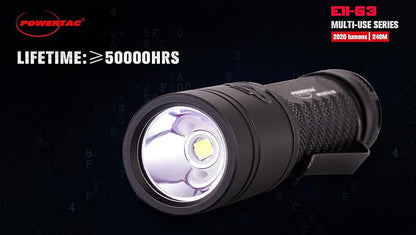 PowerTac E11-G3 2020 Lumen Rechargeable Flashlight, Type-C Charging, IPX8 Waterproof, 6 Modes, Reversible Steel Pocket Clip, Auto Memorization, 2020 Lumens, EDC LED Flashlights for Everyday Carry